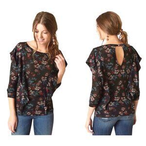 Free People Womens Dock Street Black & Red Boho Floral Ruffle Top Size Large